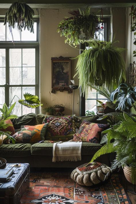 Houseplant Living Room, Spiritual Living Room Aesthetic, Dark Green Boho Living Room, Boho Living Room Plants, Boho House Aesthetic, Green Boho Living Room, Flower Apartment, Boho Sunroom Ideas, Biofilic Design