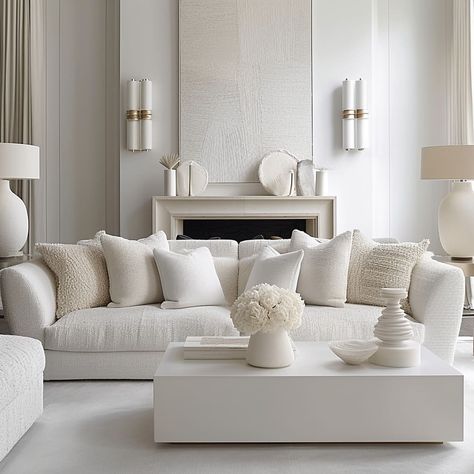 Modern Beige Living Room Interior Design, White Couch Living Room Decor Modern, Beige And Cream Living Room, White And Beige Living Room, Modern Beige Living Room, Textured Interiors, Cream And Beige Living Room, All White Living Room, Cream Living Room