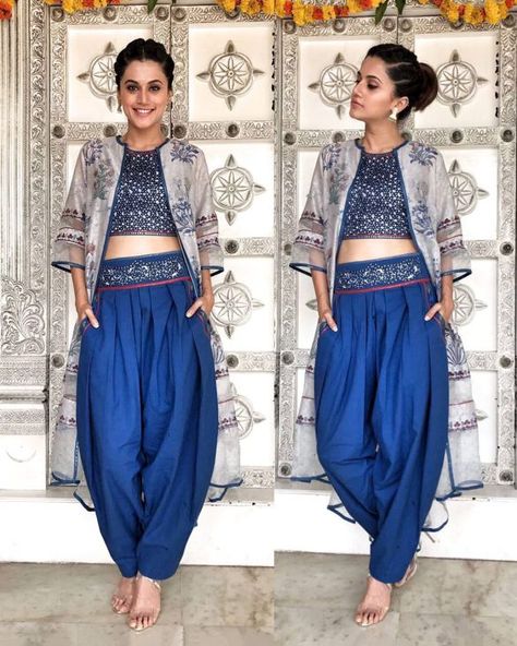 Dhoti Pants with Crop Top, Dhoti Pant with crop top is the perfect style statement for this diwali party. It is one of the bold and edgy indo western outfit for Women for all types of parties. Dhoti pant with crop top and jacket is one of the best and stunning versions of Indo western dresses for all ladies. It will make your fashion style on top, Diwali Dresses, Rajasthani Dress, Navratri Dress, Diwali Outfits, Saree Bollywood, Indo Western Dress, Salwar Kamiz, Dressing Style, Dress Indian Style