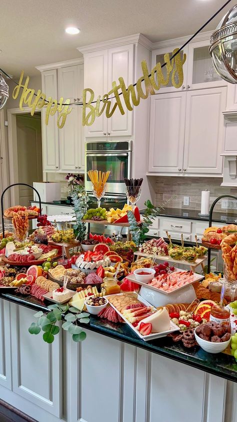 Charcuterie Board Counter Display, Raised Charcuterie Board, Snack Table Set Up, Kitchen Island Charcuterie Board, Countertop Charcuterie Spread, Charcuterie Countertop, Christmas Food Set Up, Charcuterie Island Spread, How To Set Up A Buffet Table