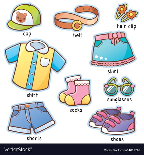 Clothes vocabulary Royalty Free Vector Image - VectorStock Cartoon Clothes, Learning English For Kids, English Worksheets For Kids, Flashcards For Kids, English Vocab, Kids English, English Lessons For Kids, English Activities, Learn English Vocabulary