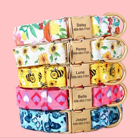 Choose between hundreds of styles this summer with our custom dog collars your pet will love! Dog Collar Pattern, Flower Sunflower, Support Dog, Yellow Bee, Dog Flower Collar, Rose Heart, Custom Dog Collars, Ring Making, Sunflower Yellow