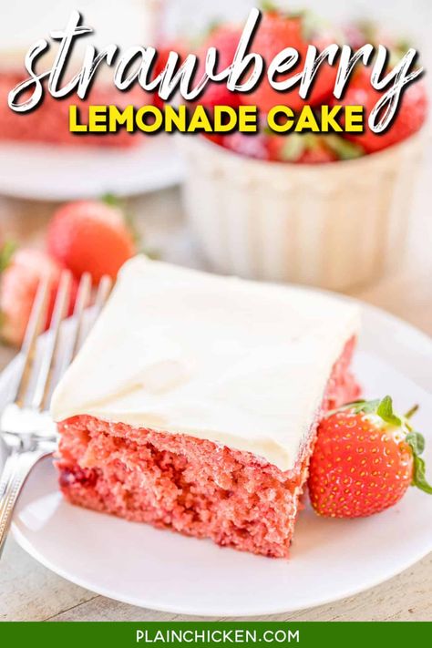 Strawberry Lemonade Cake - lemon cake mix and strawberry pie filling combine to make one amazing dessert! Top the cake with a quick cool whip lemon pudding frosting. This cake is the most requested cake I make! Lemon cake mix, strawberry pie filling, eggs, vanilla, milk, vanilla pudding mix, powdered sugar, lemon extract, and cool whip. I have to bring it to all of the potlucks I'm invited to. Make it today! Lemon Pudding Frosting, Strawberry Lemon Cake, Strawberry Lemonade Cake, Pudding Frosting, Lemonade Cake, Box Lemon Cake, Dessert Strawberry, Strawberry Lemonade Recipe, Strawberry Pie Filling