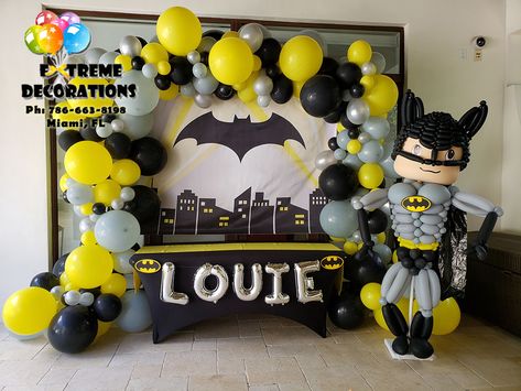 We design custom balloon decorations with the theme of your event. Contact us for more information at 786-663-8198 Balloon decorations miami. Party decoration ideas. Superhero Party. Batman organic balloon arch for cake table and. Batman Balloon Sculpture. www.extremedecorations.com @extremedecorations extremedecorations@gmail.com Batman Balloon Garland, Batman Balloon Arch, Superhero Balloon Backdrop, Batman Desert Table, Batman Backdrop, Batman Backdrop Ideas, Batman Themed Birthday Party Target, Batman Themed Birthday Party Backdrop, Baby Party Ideas Boy