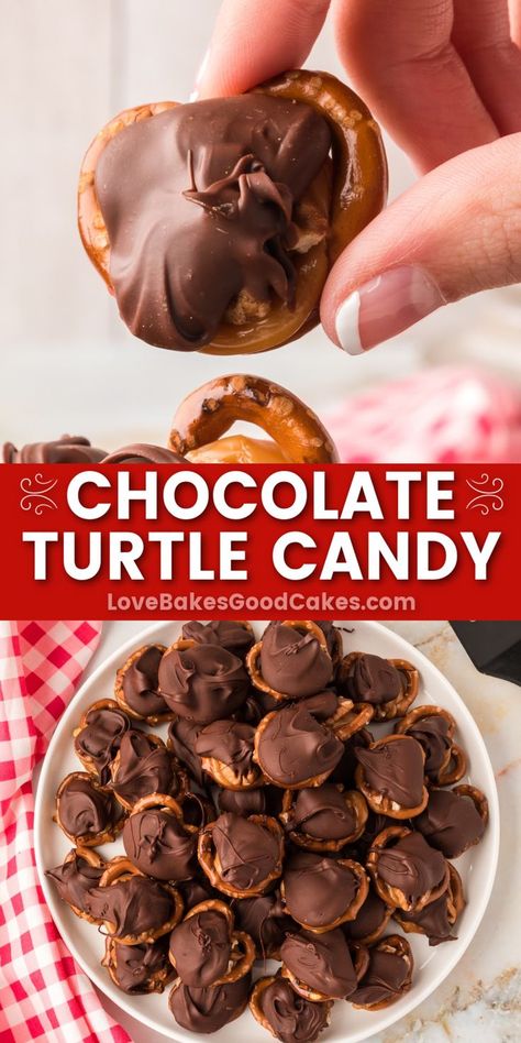 Chocolate Turtle Candy pin collage Pretzel With Chocolate Candy Melts, Christmas Fare, Turtle Candy, Caramels Recipe, Turtles Candy, Chocolate Turtle, Candy Melt, Chocolate Caramel Pretzels, Caramel Treats