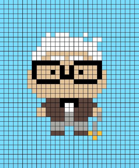 A pixel art template of Carl Fredrickson from Pixar's Up film. Pixar Cross Stitch, Up Perler Bead Pattern, Pixar Pixel Art, Up Perler Beads, Disney Pixel Art, Pixel Art Disney, Up Disney Pixar, شركة المرعبين المحدودة, Carl Fredricksen