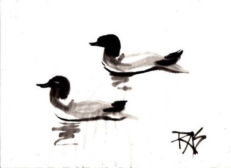 Two Loons sumi-e painting by Robert A. Sloan from photo reference by WC member Helen for Weekend Drawing Event on WetCanvas.com Japanese Ink Painting, Sumi E Painting, Japan Painting, Chinese Art Painting, Chinese Brush Painting, Asian Painting, Tinta China, Muse Art, Elementary Art Projects