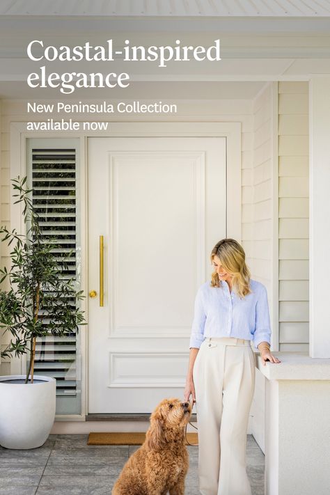 Introducing the Peninsula Collection. Discover coastal-inspired ellegance with this new collection of external timber doors. Each door is designed to capture the relaxed luxury of Hamptoms-style homes–also known as Australian Coastal. Think crisp white linen, extravagent garden parties, and modern style that's timelessly elegant.  Explore the collection: https://www.corinthian.com.au/products/doors/entrance/peninsula/peninsula-ppen-2/ Hamptons Style Internal Doors, Corinthian Doors Entrance, Hamptons Internal Doors, Coastal Door Handles, Coastal Front Door, Door Inspiration, Door Molding, Timber Door, Hamptons Style