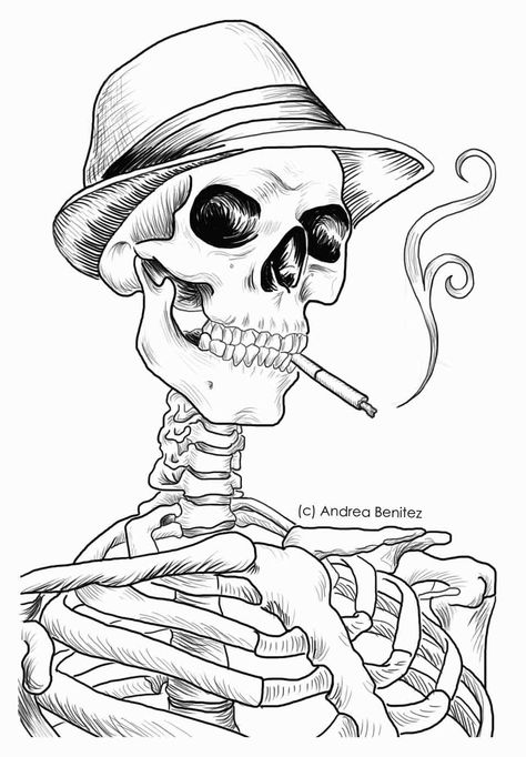 Andrea Benitez Art: Detailed Line Art- Mobster Different Skull Tattoos, Bone Art Drawing, Skeleton Line Art, Line Art Skull, Skeleton Art Drawing, Skull Line Art, Detailed Line Art, Skull Coloring Pages, Skeleton Drawings