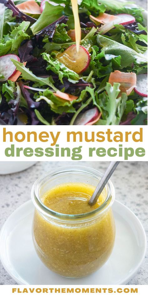 This Honey Mustard Dressing Recipe is guaranteed to make your salads next level! It's sweet, tangy and bursting with fresh flavor, and it comes together in 5 minutes! #easyrecipe #dressing #saladdressing Homage Salad Dressing, Honey Vinegrette Salad Dressing, Honey Mustard Vinaigrette Dressing, Healthy Dressings For Salads, Honey Mustard Dressing Recipe, Mustard Dressing Recipe, Salad Dressing Recipes Vinaigrette, Tomato Sauces, Honey Mustard Salad Dressing