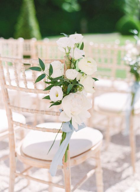 Flowers For Wedding Aisle Chairs, Greenery On Ceremony Chairs, Flowers On Ceremony Chairs, Wedding Aisle Chair Florals, Chair Florals Wedding, Chair Swags Wedding, Diy Wedding Pew Decorations, Wedding Chair Florals, Wedding Aisle Flowers On Chairs