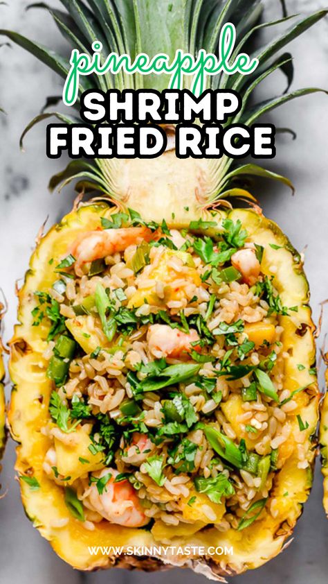 I love this Malaysian-inspired Pineapple Shrimp Fried Rice, it has a delicious flavor combination of savory, sweet and spicy. Serve it in hollowed out pineapples for a beautiful presentation! #dinnerideas #friedrice #shrimp #recipes #healthyrecipes