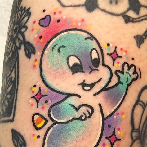 Casper Tattoo Design, Casper The Friendly Ghost Tattoo, Furby Tattoo, Childhood Tattoo Ideas, Goosebumps Tattoo, Rm Tattoo, Casper Tattoo, Gap Filler Tattoo, Halloween Witchcraft