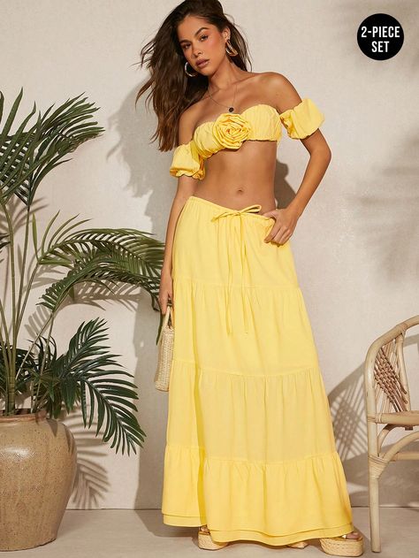 SHEIN Haute Women's Two Piece Set Of Solid Color Off Shoulder Crop Top And Drawstring Skirt With Floral DetailI discovered amazing products on SHEIN.com, come check them out! Picnic Shoot, Long Midi Skirt, Yellow Two Piece, Vacation Outfits Women, Drawstring Skirt, Long Midi, Bright Winter, Off Shoulder Crop Top, Shoulder Crop Top