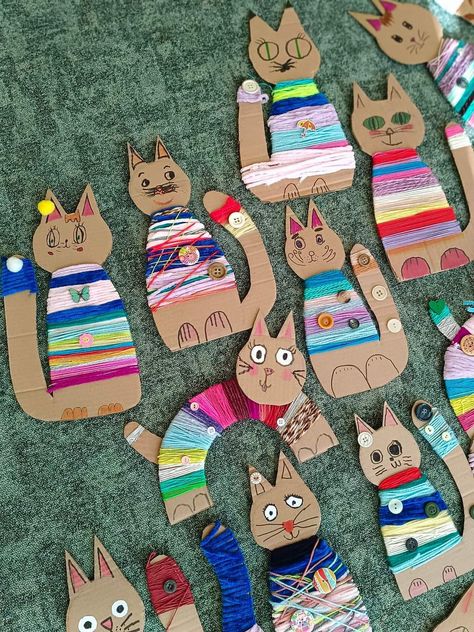 Kindergarten Crafts Easy Art Projects, Fun Crafts For 3rd Graders, Preschool Pet Art Projects, Cat Projects For Kids, Cat Art For Preschoolers, Dog And Cat Art Preschool, Cat Art Activities, Yarn Art For Kids, Cat Crafts For Kids