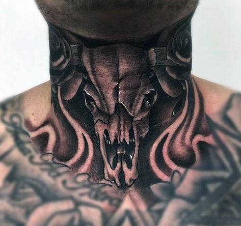 Black Ink Shaded Mens Bull Skull Neck Tattoo Skull Neck Tattoo, Bull Skull Tattoo, Black Crow Tattoos, Neck Tattoos For Men, Cow Skull Tattoos, Skull Tattoo Designs, Bull Skull Tattoos, Western Ideas, Best Neck Tattoos