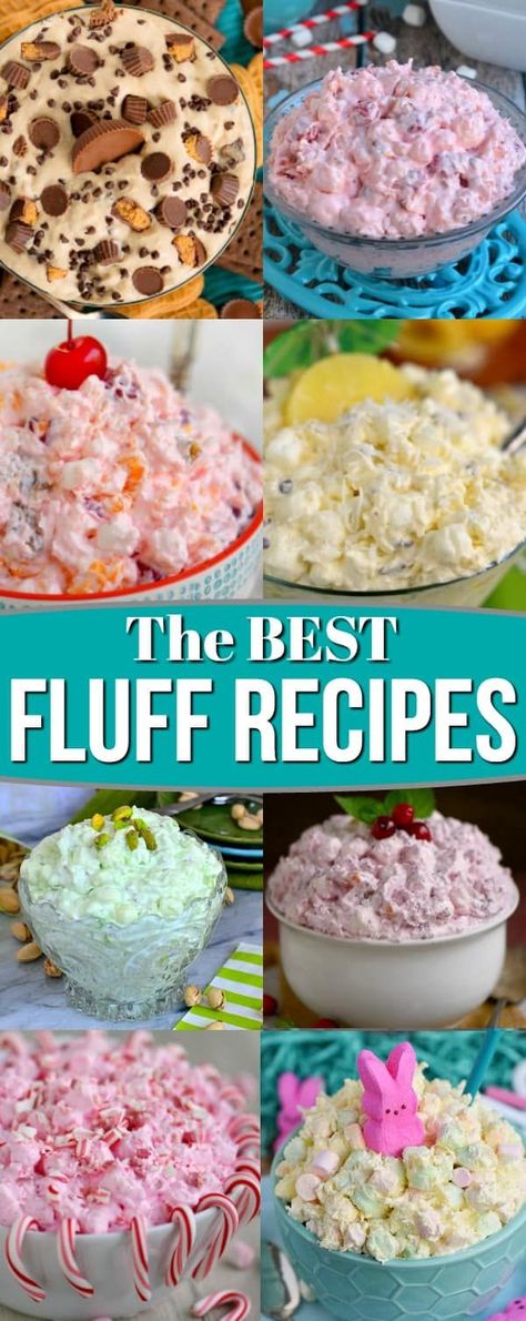 The BEST Fluff recipes for all occasions! Every fluff flavor imaginable from Pina Colada Fluff, Reese's Peanut Butter Fluff, to everyone's favorite Ambrosia Salad. Fluff recipes are simple, delicious, and take just minutes to prepare making them perfect for every occasion. We serve them at parties, BBQs, potlucks, holidays and more!  // Mom On Timeout #fluff #dessert #peanutbutter #desserts #recipe #recipes #momontimeout Pina Colada Fluff, Peanut Butter Fluff, Fluff Recipes, Fluff Salad Recipes, Dessert Oreo, Mom On Timeout, Fluff Recipe, Fluff Desserts, Jello Desserts