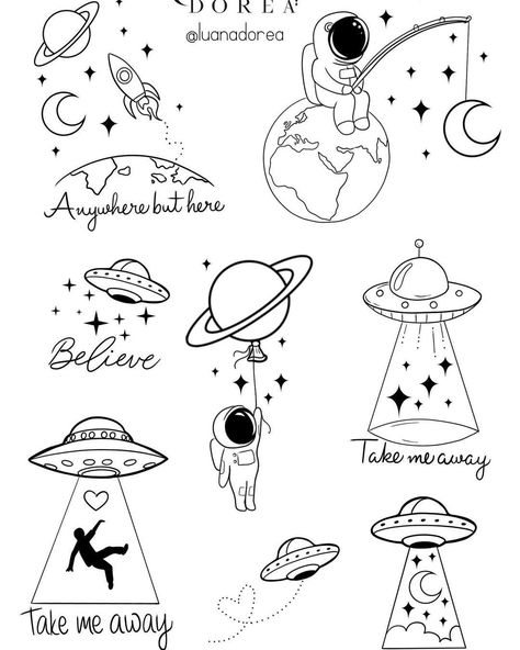 Tiny Spaceship Tattoo, Cute Alien Tattoo Ideas, Outer Space Tattoo Design, Small Outer Space Tattoo, Outer Space Tattoo Ideas, Ufo Tattoo Simple, Alien Flash Tattoo, Outer Space Doodles, Cute Alien Tattoo