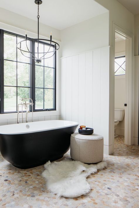 Bathroom With Black Tub, Vaulted Kitchen, Secret Staircase, Rugs Custom, Black Bathtub, Black Tub, Black Floor Tiles, Artisan Home, Grey Floor Tiles