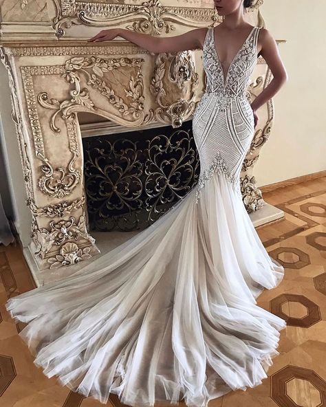 Wedding Dresses Deep V Neck, Wedding Dresses Deep V, Romantic White Dress, Beaded Wedding Dresses, Badgley Mischka Bridal, Bridal Dresses Vintage, Badgley Mischka Dress, Designer Bridal Gowns, Wedding Dresses Beaded