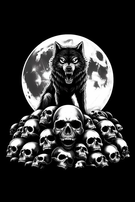 Wolf On A Pile Of Skulls T-Shirt Pile Of Skulls, Wolf Life, Wolf Logo, Wolf Skull, Bubbles Wallpaper, Iphone Wallpaper Hipster, Werewolf Art, Skull Sticker, Tattoo Project