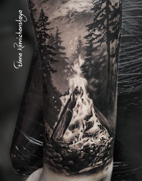 225+ Breathtaking Wilderness Tattoo Ideas (2023) - TattoosBoyGirl Forest Tattoo Sleeve, Natur Tattoo Arm, Wilderness Tattoo, Outdoor Tattoo, Tree Sleeve Tattoo, Camping Tattoo, Hunting Tattoos, Nature Tattoo Sleeve, Wolf Tattoo Sleeve