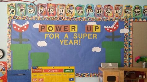 Princess Peach Bulletin Board, Mario Bulletin Board Ideas, Super Mario Bros Bulletin Board Ideas, Super Mario School Theme, Super Mario Classroom Door, Super Mario Bulletin Board, Mario Bulletin Board, Super Mario Classroom, Guidance Bulletin Boards