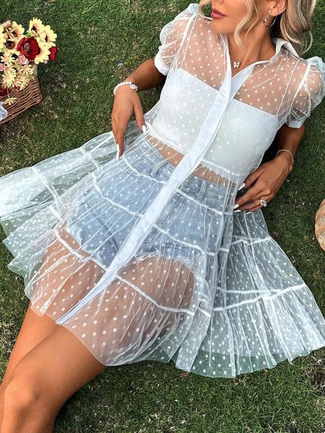 White Mesh Dress, White Sheer Dress, Sheer Mesh Dress, Striped Tunic Dress, Shein Dress, Ribbed Knit Dress, Overlay Dress, Button Up Dress, Ruffle Hem Dress