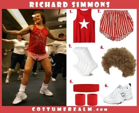 Richard Simmons Halloween Costume, Ryhm Without Reason Costumes, Richard Simmons Costume, White Running Shorts, Costume Guide, Richard Simmons, Afro Wig, Crazy Ideas, Afro Wigs