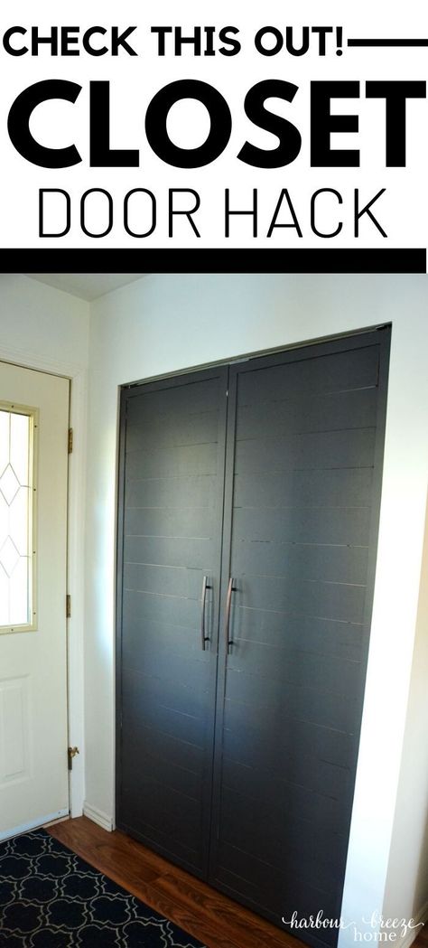 Change Bifold Closet Doors To French Doors, How To Install Closet Doors, Modern Farmhouse Closet Doors, Bifold Into French Doors, Utility Closet Door Ideas, Shiplap Bifold Closet Doors, Entryway Closet Door Ideas, Turning Bifold Doors Into French Doors, How To Turn Bifold Doors Into French