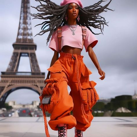 In the heart of Paris, she strides confidently, her faux locs catching the wind. The Eiffel Tower stands tall behind her, as if applauding her bold fashion choices. Send a DM to join the class Bold Clothing, Merch Ideas, Balloon Pants, Illustration Fashion Design, Black Love Art, Illustration Fashion, The Eiffel Tower, Faux Locs, The Class