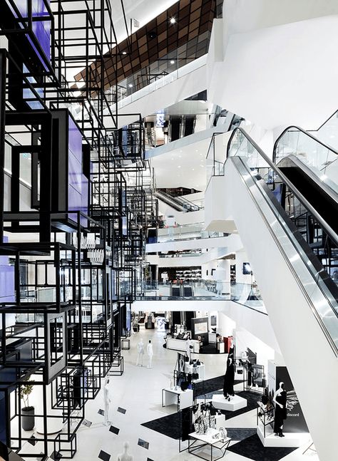 Siam Discovery Shopping Mall Reopens with a Tokyo Look | Arts Oki Sato, Siam Discovery, Shopping Mall Interior, Shopping Mall Design, Atrium Design, Mall Design, Commercial Architecture, Dark Interiors, Retail Interior