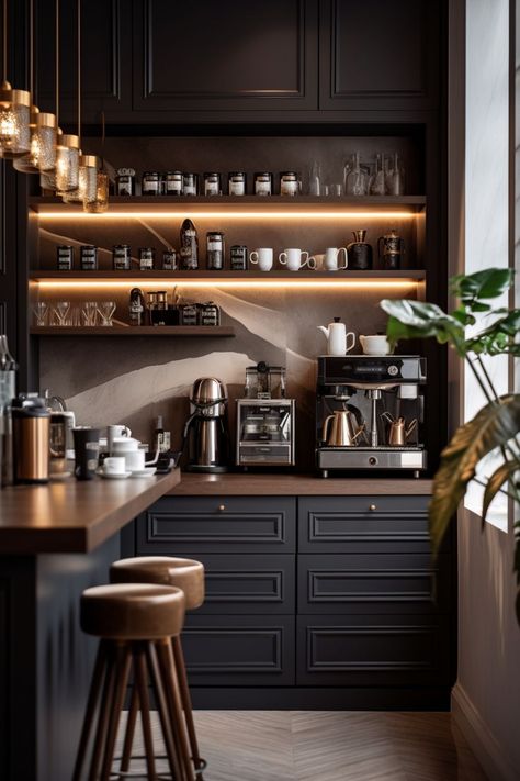 Home Coffee Bar Aesthetic, Black Coffee Corner, Black Coffee Bar Ideas, Coffee Corner Ideas Modern, Coffee Bar Corner, Cabinets Gold Hardware, Main Gate Ideas, Iron Main Gate, Modern Black Kitchen