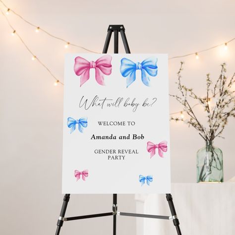 What will baby be gender reveal welcome foam board Bow Gender Reveal, Watercolor Blue, Pink Bows, Reveal Party, Kids Nursery Decor, Free Birthday Invitations, Kids Stationery, Free Birthday Invitation Templates, Reveal Parties