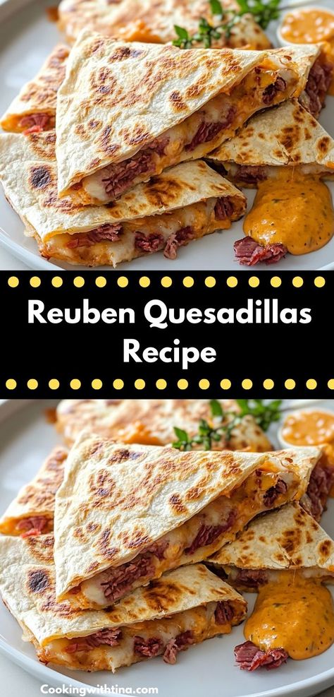 Enjoy a delicious twist on a classic with these Reuben Quesadillas. Filled with corned beef, sauerkraut, and melted Swiss cheese, they offer a satisfying blend of flavors in every bite. Quick Beef Recipes, Easy Quesadilla, Ground Recipes, Best Beef Recipes, Thousand Island, Reuben Sandwich, Thousand Island Dressing, Quesadilla Recipes, Ground Beef Recipes Easy