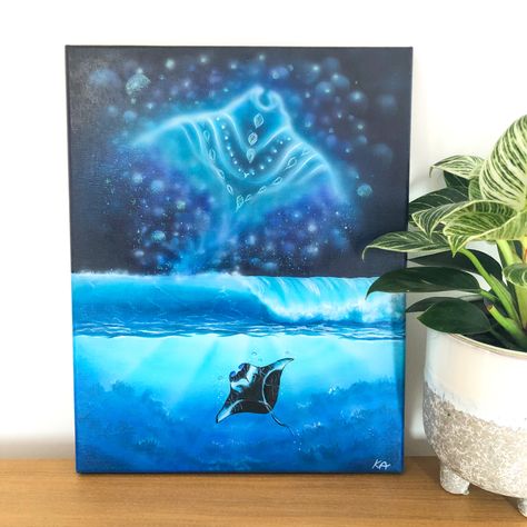 Spirit manta ray painting and ocean waves Manta Ray Painting, Ray Painting, Painting Of Ocean, Magical Underwater, Highland Cow Painting, Manta Rays, Wave Painting, Wildlife Paintings, Cow Painting