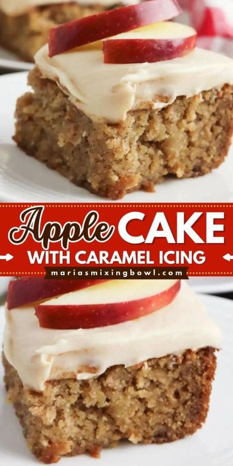 A delicious fall recipe for apple cinnamon cake! It's an easy apple dessert for any occasion. Everyone will love every bite of this Apple Cake with Caramel Icing that's moist and full of seasonal goodness! Pin this for later! Apple Cake With Caramel Icing, Recipe With Caramel, Cake With Caramel Frosting, Fall Desserts Apple, Dessert Fall, Cake Fall, Moist Apple Cake, Apple Desserts Easy, Dessert Oreo