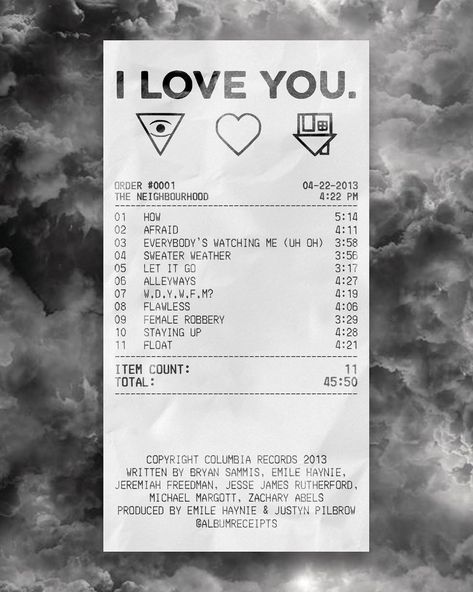 ALBUM RECEIPTS on Instagram: ““I Love You.” by @thenbhd” Album Receipts, Room Decor Music, Country Music Quotes, Celebrity Travel, Music Posters, Sketch Inspiration, Music Wall, Song Playlist, The Neighborhood