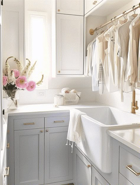 Laundry Room Hanging Bar Over Sink, Laundry Pole Ideas, Laundry Room Rod Ideas Hanging Racks, Laundry With Hanging Rail, Laundry Room With Hanging Space, Laundry Hanging Rod, Ways To Hang Clothes, Laundry Room With Hanging Rod, Laundry Room Hanging Bar