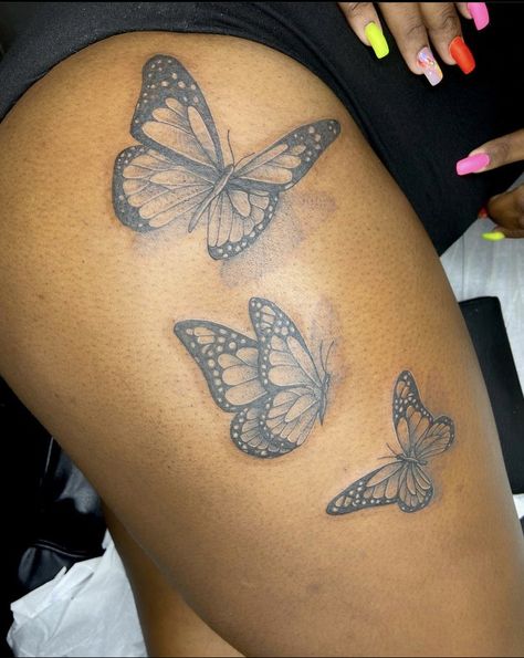 Butterfly Thigh Tattoo Black Women, Cute Buttcheek Tattoo, Butterfly On Buttocks Tattoo, Pretty Tattoos For Women Thigh Piece, Thigh Tattoos Black Women, Butterfly Tattoo On Thigh, Butterfly Tattoo Thigh, Dark Disney Tattoo, Butterfly Thigh Tattoo