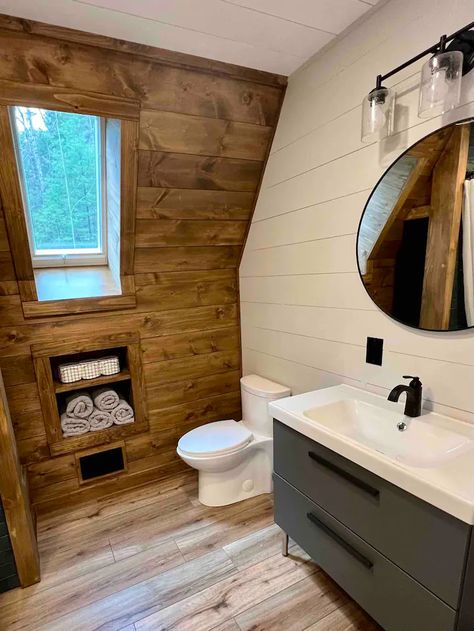 A Frame Cabin Bathroom, A Frame Bathroom Ideas, A Frame Bathroom, A-frame Interior, Frame Bathroom, Cabin Loft, Triangle House, Frame Interior, Cabin Bathrooms