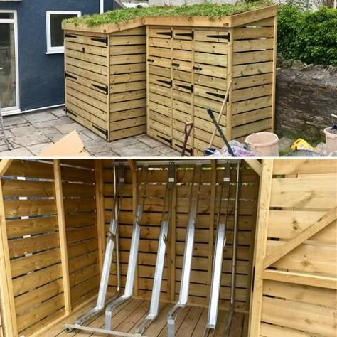 Walk in bike shed with living green sedum roof in Swansea garden. Matching bin storage unit next to it Garden Bike Storage, Bike Storage Shed, Bicycle Storage Shed, Bike Locker, Vertical Bike Storage, Outdoor Bike Storage, Bike Shelter, Bin Shed, Vertical Bike Rack