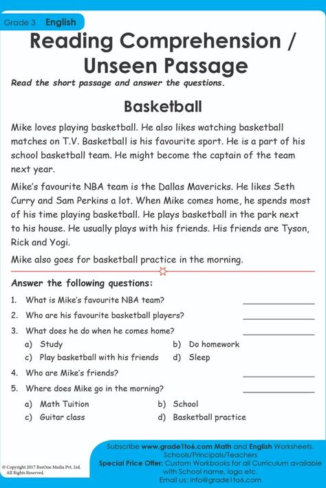 This Unseen passage for class 3 will prepare you for the English exam well. Mike loves playing basketball. He also likes watching basketball matches on T.V Subscribe to www.grade1to6.com for just $25 a year to get 6000 plus Maths and English worksheets for Grade 1 to Grade 6 #mathworksheets #schoolprincipals #englishworksheets Unseen Passage For Class 2 In English, English Olympiad Worksheets Grade 3, English Exam For Grade 1, English Passages For Class 3, Unseen Passage In English For Class 5, Unseen Passage For Class 1, Unseen Passages For Grade 2, Unseen Passage In English Grade 3, English Worksheets For Grade 1