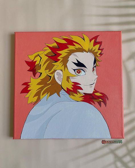 Rengoku Painting Easy, Rengoku Acrylic Painting, Rengoku Canvas Painting, Anime Small Canvas Painting, Inosuke Painting, Rengoku Painting, Anime Canvas Painting Easy, Jjk Painting, Simple Anime Painting