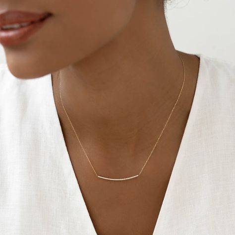 Diamond Curved Bar Necklace 14k Gold - Laia | Linjer Jewelry Puffy Heart Necklace, Curved Bar Necklace, Curved Bar, Mother Jewelry, London Blue Topaz Ring, Elegant Necklace, Stacked Jewelry, Solid Gold Jewelry, Pearl Gemstone