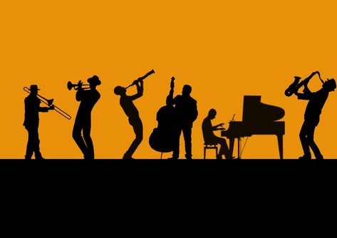 Silhouette of jazz musicians against orange background Orange Piano Aesthetic, Jazz Desktop Wallpaper, Jazz Spotify Playlist Cover, Yellow Orange Aesthetic Desktop Wallpaper, Jazz Background, Carrying Cross, Jesus Carrying Cross, Utah Jazz Wallpaper, Jazz Players