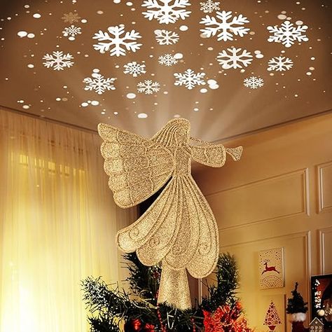 Christmas Angel Tree Topper with Built-in LED Snowflake Projector Lights Hollowed Pentagram Tree Top with Gold Spangles Plated Plug in for Indoor Outdoor Christmas Decorations, Gold Christmas Decorations Gold, Led Tree Topper, Christmas Angel Tree Topper, Snowy Pictures, Lighted Tree Topper, Angel Tree Topper, Star Tree Topper, Tree Top, Spots Pattern