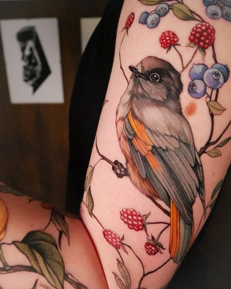 Botanical Bird Tattoo, Botanical Garden Tattoo, Two Bird Tattoos For Women, Shrike Tattoo, Jay Details, Siberian Jay, Friend Tats, Finch Tattoo, Two Birds Tattoo