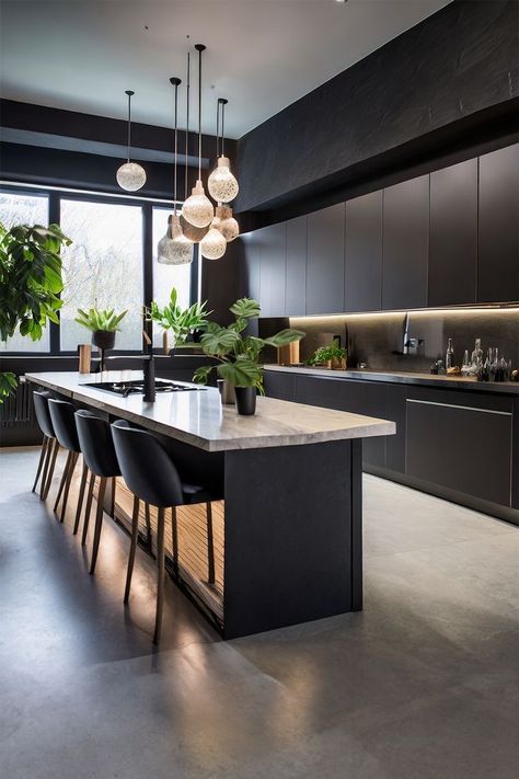 Black Kitchen Dark Wood Floor, Black Kitchen With Concrete Floor, Backlit Shelves, Polished Concrete Floor Kitchen, Kitchen Monochrome, Modern Dark Kitchen, Luxe Minimalism, Spain Apartment, Kitchen Staging