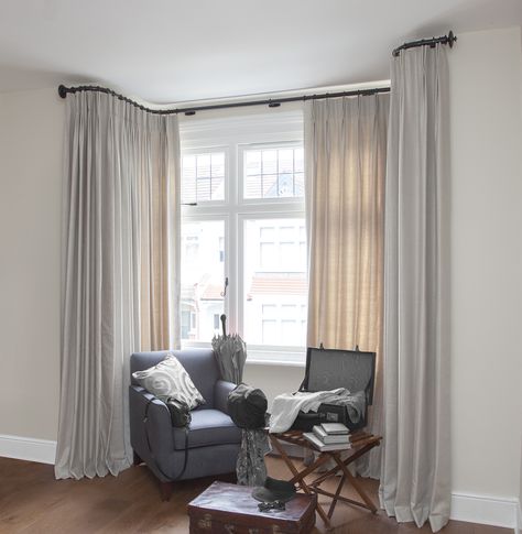 Curtains For Bay Windows, Bay Window Curtains Living Room, Bay Curtains, Gauzy Curtains, Mansard House, Bay Window Curtain Ideas, Bay Window Dressing, Square Bay Window, Bay Window Curtain Poles